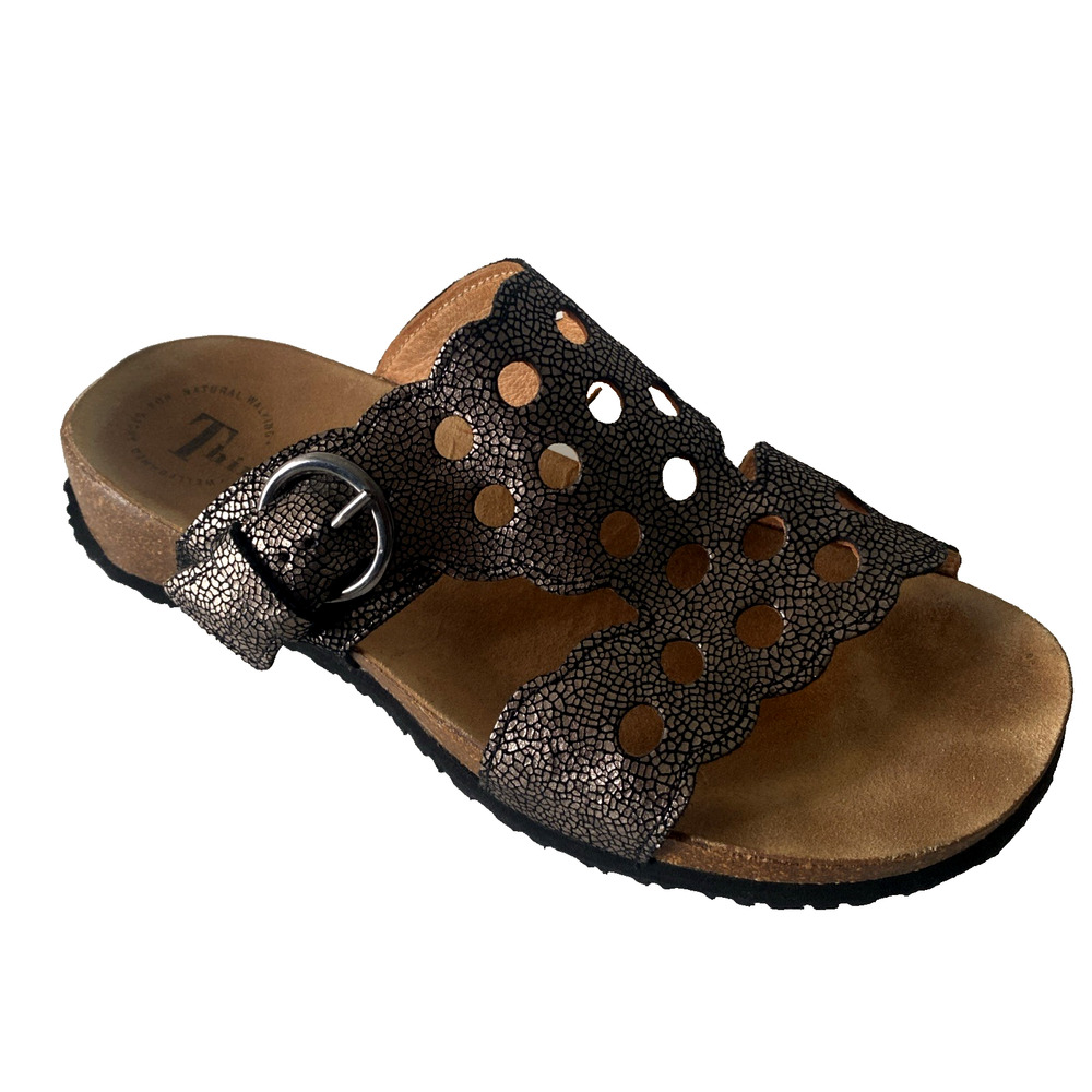 Think! Mizzi Sandal Slip On Slide Flat Leather Metallic Textured Open Toe 40 10